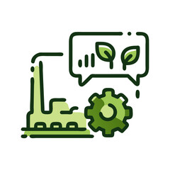 Obraz premium Green manufacturing blog icon featuring factory and chat bubble representing modern eco-friendly production -2