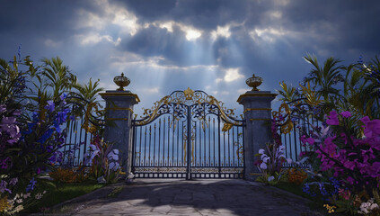 Ornate garden gate framed by vibrant flowers and lush greenery, illuminated by soft rays of sunlight breaking through dramatic clouds, inviting exploration and serenity. The Gates of Paradise