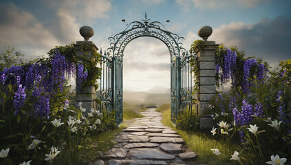 Ornate garden gate adorned with vibrant purple flowers opens to a serene landscape, inviting exploration through a winding stone pathway leading to distant mountains. The Gates of Paradise