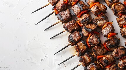 Clean food styling of grilled kebabs on white, char highlights on meat and open layout ideal for overlay use.