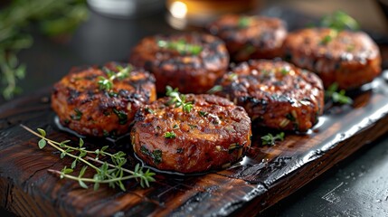 Overlapping patties styled on rectangular board, thyme sprigs as garnish, background softly blurred for artistic effect.