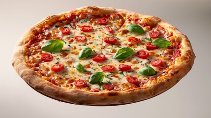 Spinning pizza mid-air with detailed cheese and crust, white background, top-down view shows full toppings, ideal for digital use.