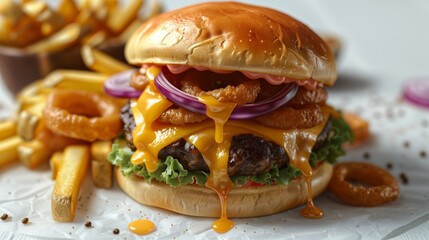 Flat lay of a juicy burger with melted cheese and red onions, fries spread across a matte white surface with realistic textures.