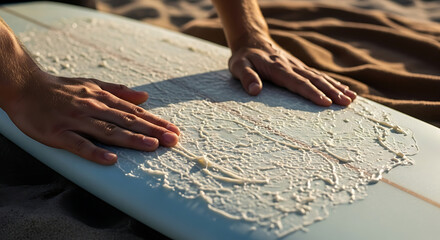 Hands applying wax to a surfboard on a sandy beach during sunset. The warm light creates a serene atmosphere as the ocean awaits surfers eager for adventure.