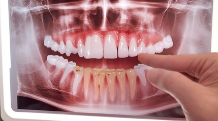 Obraz premium Close up of a dental X ray on a lightbox showing cavities and periodontal issues with a dentist pointing at the problem areas ideal for medical themes