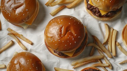 Swiss cheese burger with scattered fries, shot from above on a white tablecloth for a casual, airy aesthetic.
