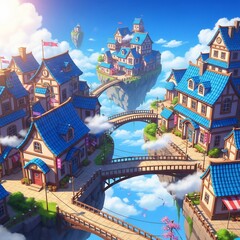 Floating Village in the Clouds with Colorful Buildings and Bridges