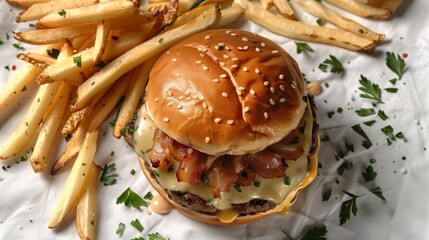 Burger with Swiss cheese and salted fries, arranged loosely on a white cloth backdrop in an organic top-down composition.