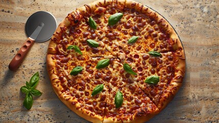 Overhead pizza image on granite table, basil leaves for garnish, lighting adds depth, silver cutter slightly angled, ideal for food layout or ad space.