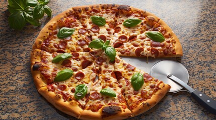 Basil-topped cheesy pizza centered on granite, round silver cutter angled at side, dramatic lighting enhances textures, overhead view with spacious layout.
