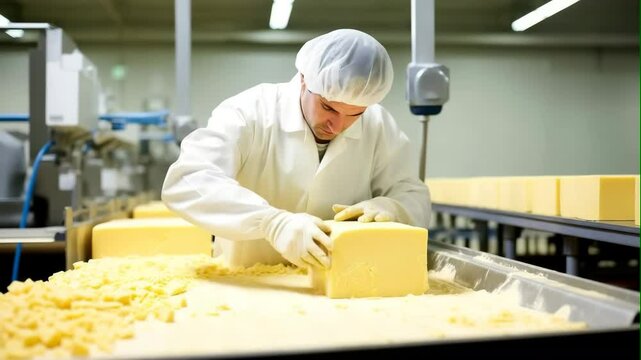 Cheese Factory Worker Handling Blocks on Production Line