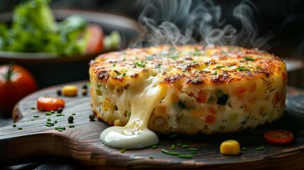Bubbling cheese escapes a fresh veggie patty, shot close-up with visible steam on a dark wood board.