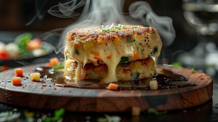 Close-up of cheese oozing from a hot veggie patty, set on dark oak board with steam rising for warmth.