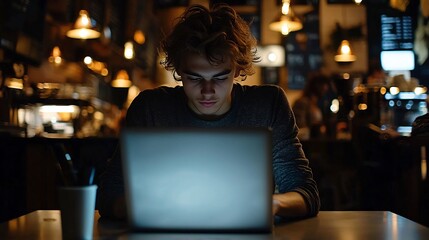 Determined young entrepreneur in a coffee shop working on a new business plan laptop screen glowing ambitious mindset