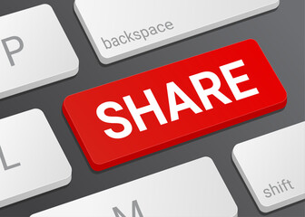 Fototapeta premium Close Up Share Button on Laptop or Computer Keyboard for Social Media, Content Distribution, and 3D Communication Illustration