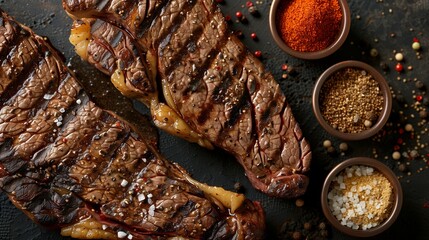 Top-down view of juicy grilled ribeye with marbled fat, flanked by spice bowls of cumin, paprika, and black pepper, minimal kitchen setup with space for caption