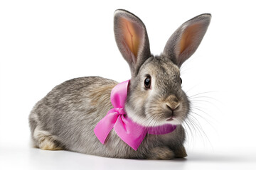 Obraz premium A rabbit with a pink ribbon around its neck. The rabbit is laying down on a white background