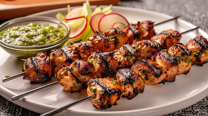 Tight composition of skewered chicken kababs plated with a swirl of tangy chutney and thin onion-cucumber salad, all centered on clean white plate