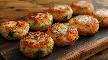 Close-up of vegetable patties with golden crust, carrots and broccoli visible, cheese melted within, styled on dark wooden board with soft light.