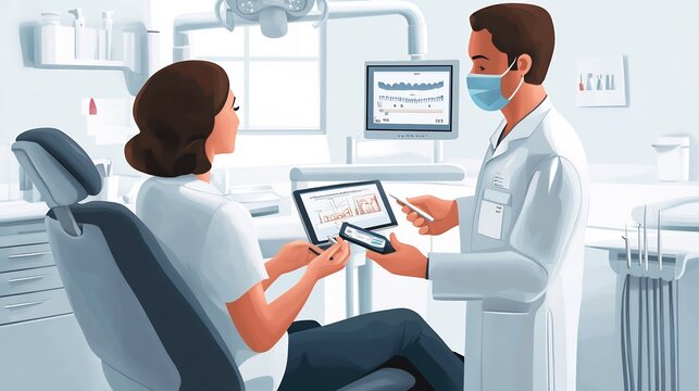 Digital drawing of a dentist with a patient in a clean white dental room showing the dentist explaining dental procedures with a digital tablet and an informative chart