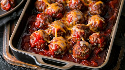Meatballs in tomato sauce with bubbling cheddar in a deep baking dish, captured from above for warm, rustic appeal.