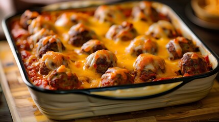 Overhead view of cheesy meatballs in tomato sauce, served in a deep dish with golden edges and rich comfort-food aesthetic.