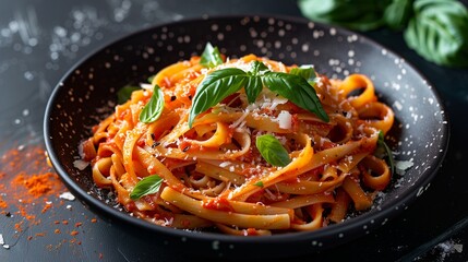 Bold overhead pasta scene with red sauce and bright basil leaves, cheese crumbles enhancing contrast on matte black plate.