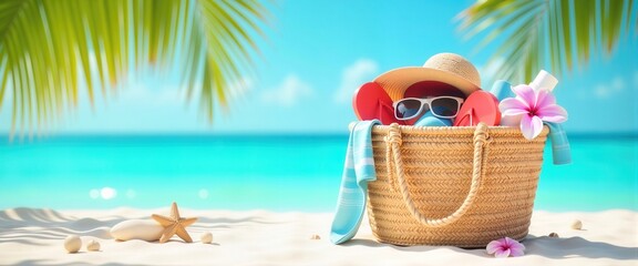 Woven straw beach bag with hat, sunglasses, flip-flops, and towel on a pristine white sand beach with turquoise ocean and palm leaves, Summer Vacation.