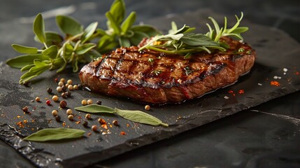 Sleek layout of ribeye steak on slate with scattered herbs and diagonal spice patterns creating a visual path, ideal for editorial or promotional use