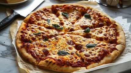 Pizza on parchment paper cooling on marble, basil sprinkled, detailed crust and moody light, cutter placed neatly, room left around for text use.