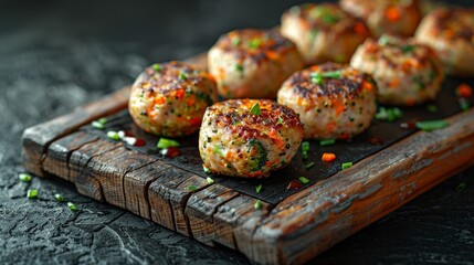 Soft-lit baked veggie patties on aged wooden board, with textured vegetable bits and a dim, cozy ambiance.