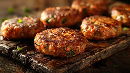 Moody evening lighting highlights veggie patties with visible carrots and broccoli on a rustic wooden board.