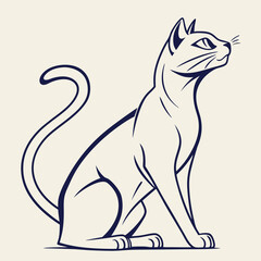 Simplistic line art depicts a stylized seated cat with an upward gaze on a light background