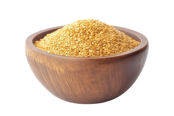Yellow flax seeds in wooden bowl isolated on white background