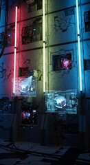 Futuristic Damaged Wall with Neon Lights and Holographic Displays