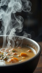 portrait closeup photo of delicious hot soup in white colour ceramic bowl with smoke rising and copy space 