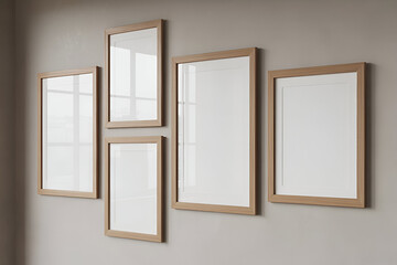 "Gallery wall mockup with five blank frames on a concrete wall, Scandinavian interior style