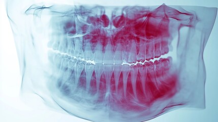 Digital X ray of a smokers teeth showing severe plaque buildup and gum disease scientific visualization transparent overlay high resolution
