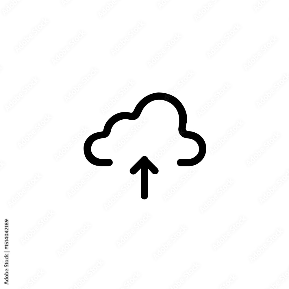 Poster simple line drawing of a cloud with an arrow pointing upwards indicating uploading to the cloud serv