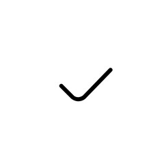 A simple black check mark symbol with a sharp angle pointing to the upper right on white background