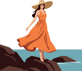 Fototapeta premium Woman in flowing orange dress and wide brim hat walking on seaside rocks vector illustration 