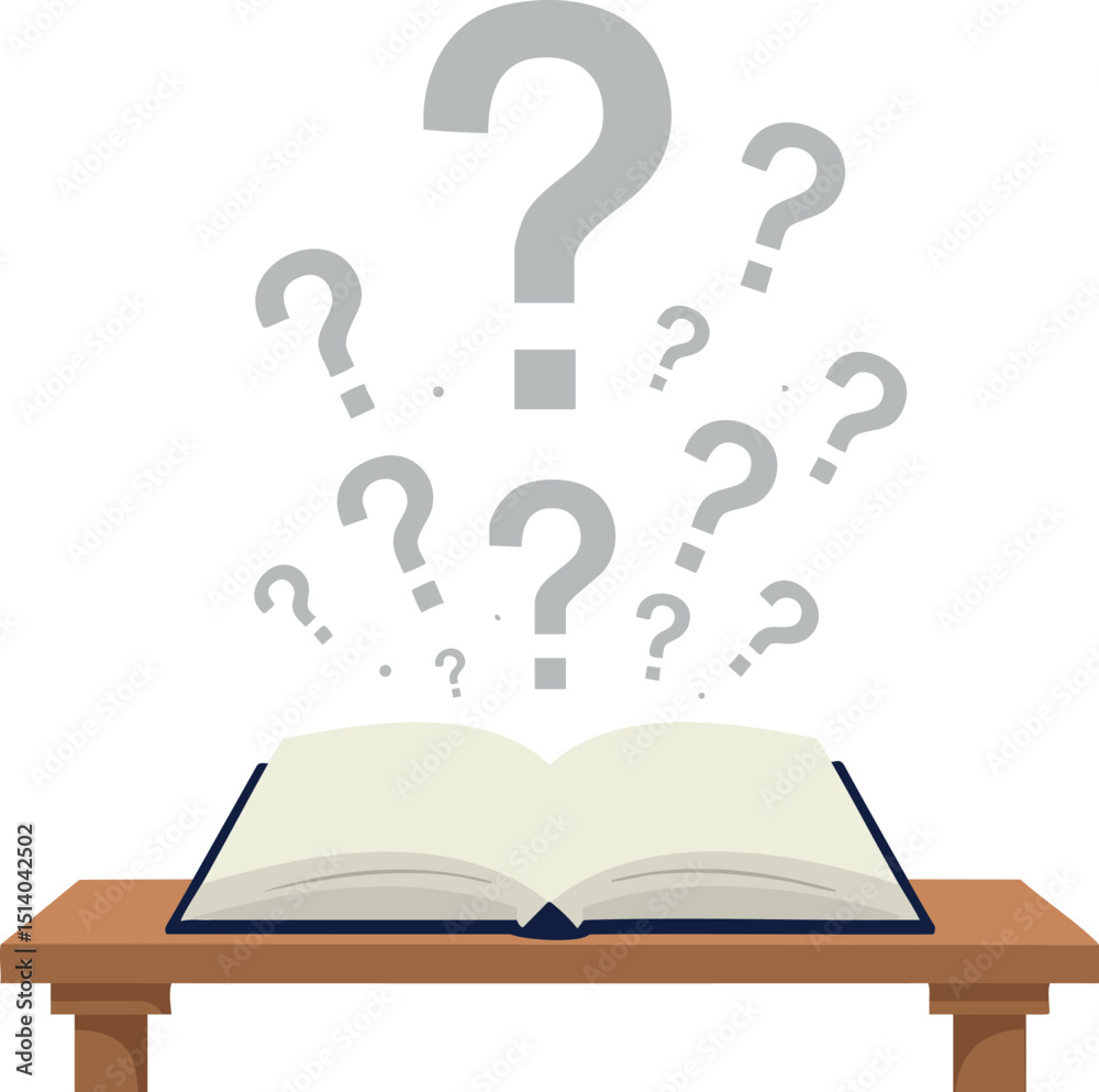 Fototapete open book with multiple question marks rising concept of curiosity and knowledge vector illustration