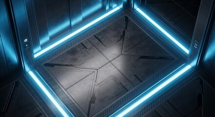 Futuristic Elevator Cabin with Neon Blue Lighting