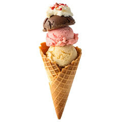 Waffle Cone with Three Scoops of Ice Cream Stacked Vertically Isolated on Transparent Background &ndash; Dessert Treat PNG

