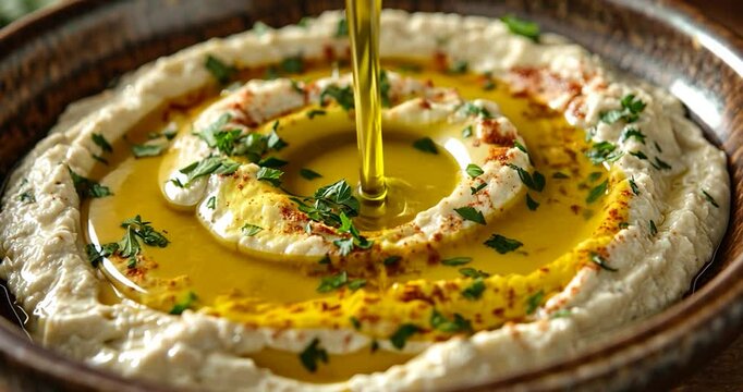 Hummus close up on a dark background with olive oil and parsley. A delicious middle-eastern food in a bowl, top view