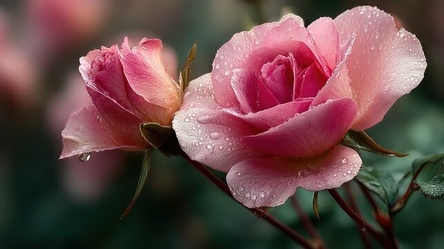 Beautiful pink roses with dew drops on a serene morning in a garden setting