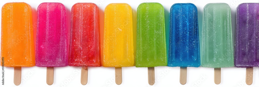 Poster brightly colored frozen popsicles arranged in a vibrant row creating a cheerful summer treat display