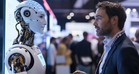 Dynamic entrepreneur showcasing AI powered business automation tools at a conference