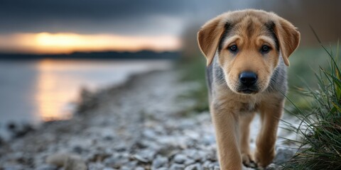 Young puppy exploring a rocky shoreline at sunset near a calm body of water