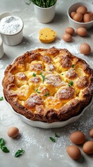 Freshly baked dessert with eggs and powdered sugar on a kitchen counter with ingredients surrounding it